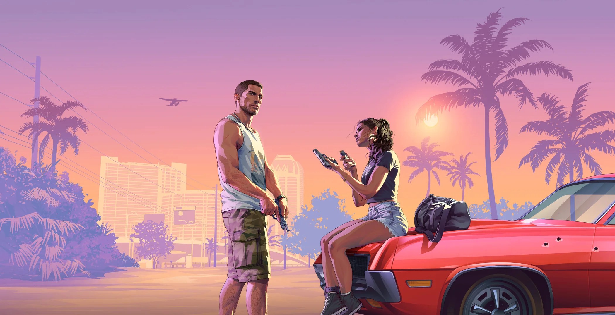 Official GTA VI artwork: Jason and Lucia beside a red car at sunset