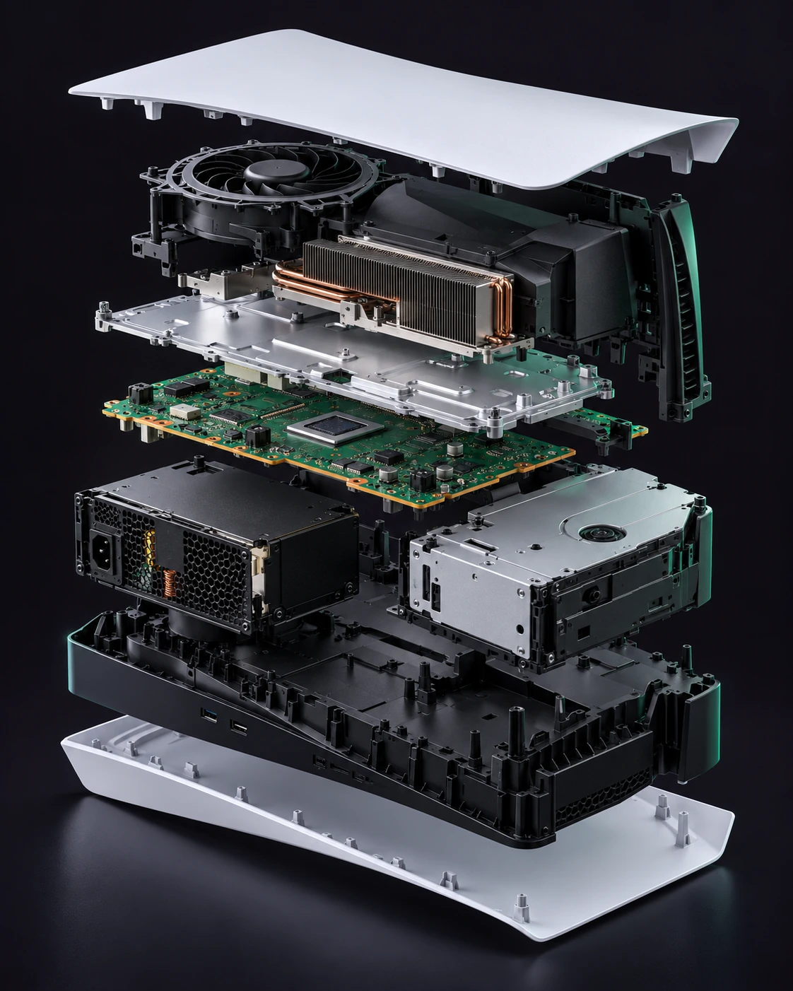 AI-generated illustrative exploded product render of PlayStation 5, with realistic materials and lighting; not an exact service drawing.